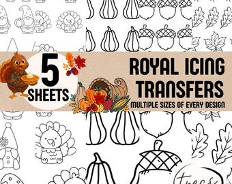 Puede incluir: Imagen de transferencias de glaseado real con temática otoñal. La imagen presenta contornos de calabazas, bellotas, hojas, pavos y gnomos. El texto dice "5 SHEETS" y "ROYAL ICING TRANSFERS".