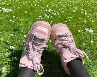 Women’s Pink Punk Platform Ankle Boots | Retro Rock Chunky Round Toe Lace-Up Boots