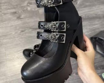 Back Zipper Black Goth Mary Jane Shoes | Platform Block Heels with Buckle Straps Sandals