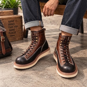 Men's Heritage Stitchdown Welted Leather Monkey Boots | Mid-Cut Genuine Cowhide Moc-Toe Boots