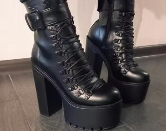 Women’s Platform Metal Buckle Leather Ankle Gothic Boots | 14.5cm Super High Heel Punk Booties