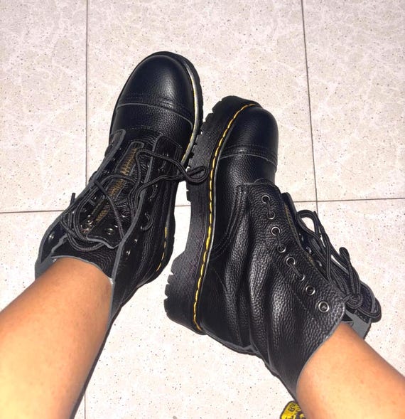 Genuine Leather Platform Black Boots for Women Mid-Calf Punk Boots with Front Zipper