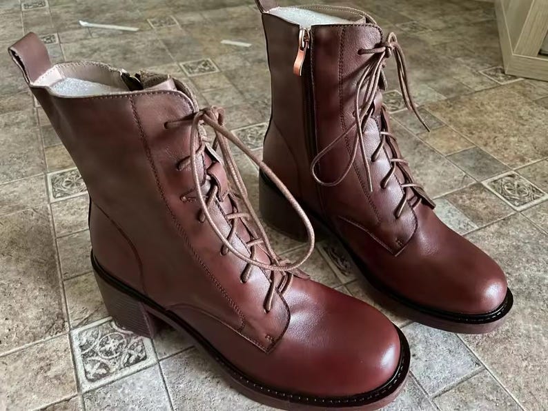 Genuine Leather Winter Round Toe Thick Heel Lace Up Retro Platform Ankle Boots for Women