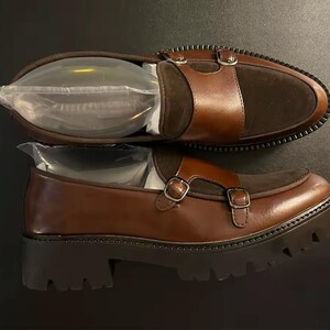 Men’s British Style Thick-Soled Loafers - Brown Split Leather Business Shoes - Fashion Luxury Slip-On Casual Loafers - Hand-Stitched Formal Dress Shoes - Thick Sole Men's Slip-Ons