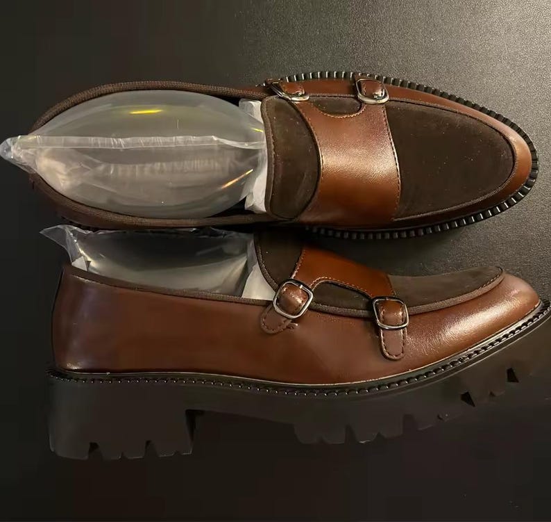 Men’s British Style Thick-Soled Loafers - Brown Split Leather Business Shoes - Fashion Luxury Slip-On Casual Loafers - Hand-Stitched Formal Dress Shoes - Thick Sole Men's Slip-Ons