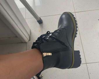 Bottes de combat en cuir polyvalentes pour femmes Bottines à semelle épaisse, lacets et fermeture éclair latérale