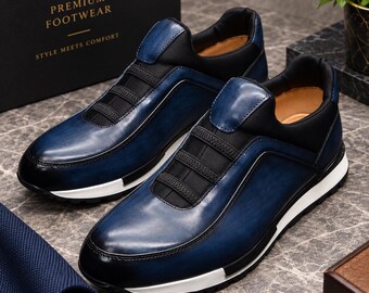 Men's Handcrafted Genuine Cowhide Color-Block Loafers | European Style Slip-On Leather Sneakers with Elastic Band