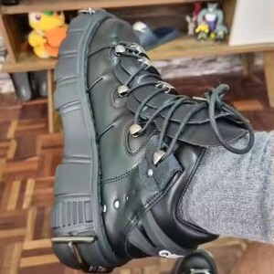 Women’s Black Punk Platform Sneakers - 6cm Gothic Metal Decor Motorcycle Boots - Lace-Up Rock Style Ankle Boots - High Heel PU Leather Platform Shoes - Industrial Punk Streetwear Booties