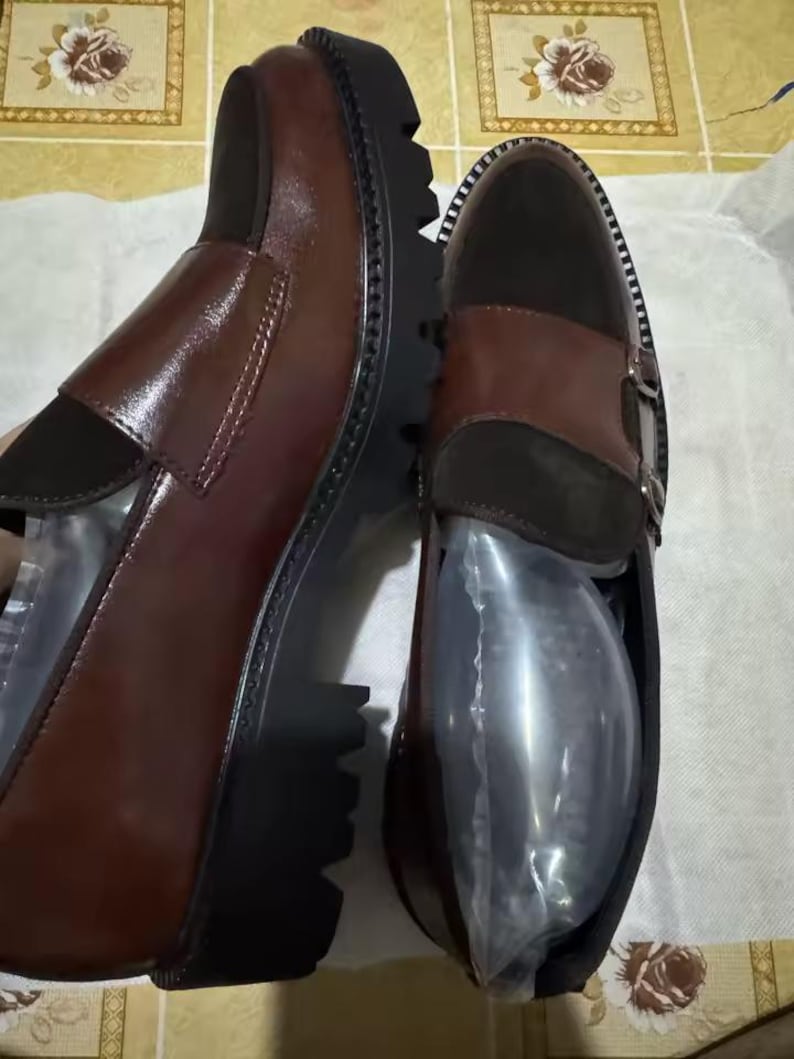 Men’s British Style Thick-Soled Loafers - Brown Split Leather Business Shoes - Fashion Luxury Slip-On Casual Loafers - Hand-Stitched Formal Dress Shoes - Thick Sole Men's Slip-Ons