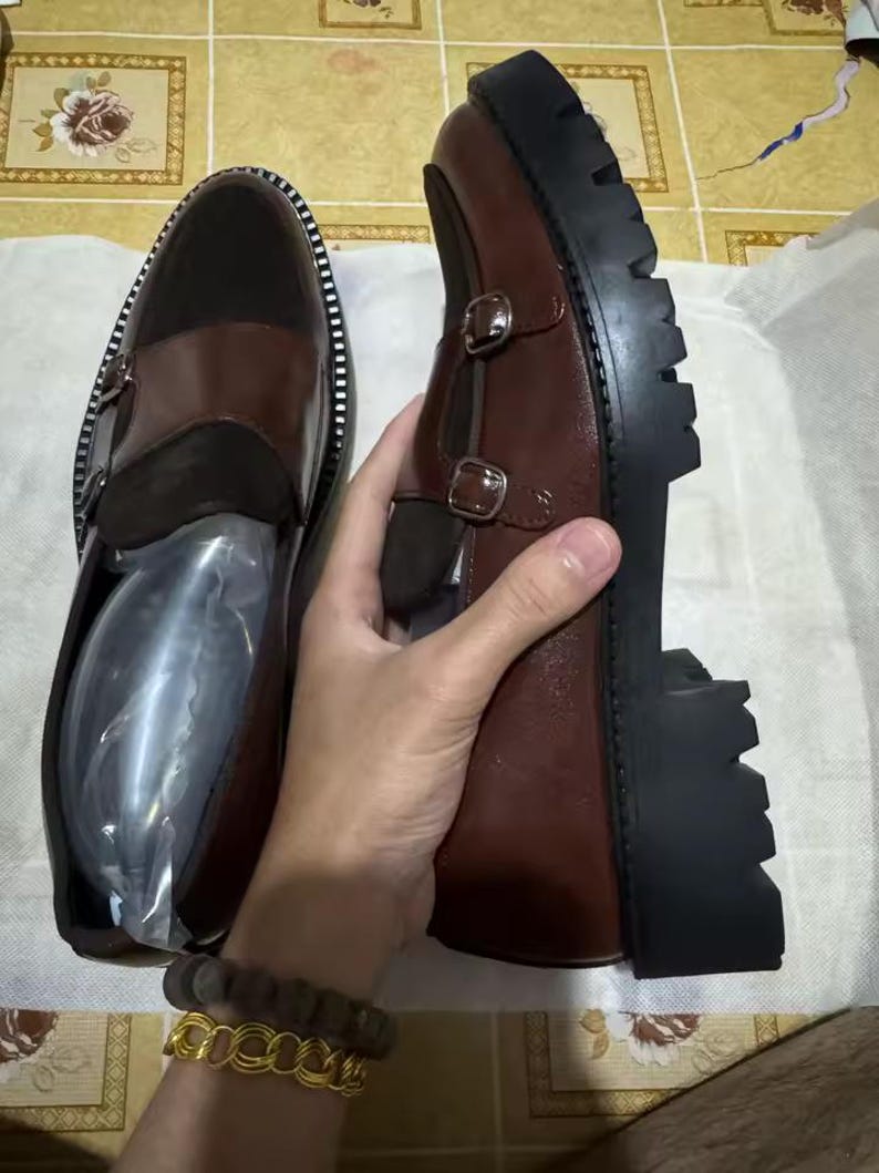 Men’s British Style Thick-Soled Loafers - Brown Split Leather Business Shoes - Fashion Luxury Slip-On Casual Loafers - Hand-Stitched Formal Dress Shoes - Thick Sole Men's Slip-Ons