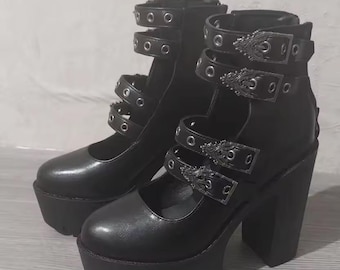 Elegantes zapatos Mary Jane góticos negros con cremallera trasera, plataforma, tacones de bloque y correas con hebilla
