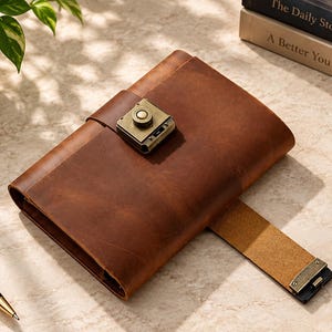 May include: A brown leather journal featuring a rectangular brass-toned metal latch closure on the front cover. The journal has a smooth, matte finish and a matching leather strap that extends from the side, secured with a small brass-toned metal piece.