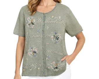 Top vintage para mujer, talla M, Bentley, cárdigan de punto de algodón con apliques florales de ramio.