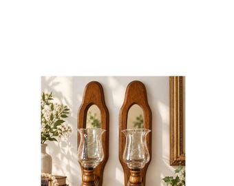Home Interiors Wood Wall Sconces Pair Mirrored Glass Hurricane Candle Holders