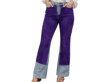 Vintage Y2K Patchwork Jeans Purple Suede Denim Pants Womens Size 4 Colorblock