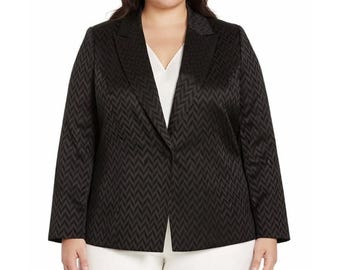Blazer vintage Lord & Taylor tamanho 16W preto com estampa espinha de peixe e chevron, com um botão.