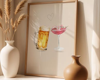 Impresión de acuarela de cerveza y cócteles / Arte de bar para él y para ella (Descarga digital)