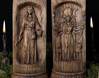 Handmade Wooden Eir and Hecate Pagan Statues – Norse and Greek Goddess Altar Figurines