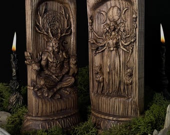 Handmade Wooden Cernunnos & Hecate Pagan Altar Statues