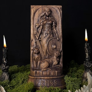 Estátua de madeira da deusa nórdica Freya – Estatueta Viking Freyja feita à mão | Decoração de altar pagão | Presente de mitologia nórdica | Decoração nórdica para casa