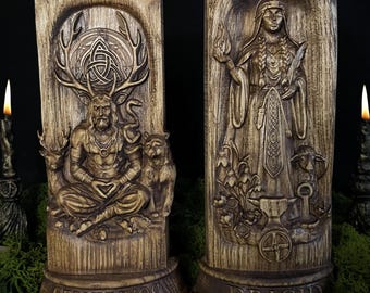 Handcrafted Cernunnos and Brigid Wooden Pagan Statues