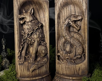 Fenrir & Jormungandr Wooden Norse Statues – Viking Handmade Figures | Pagan Altar Decor | Norse Mythology Gift