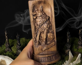 Handcrafted Ash Wood Fenrir Statue – Norse Pagan Decor