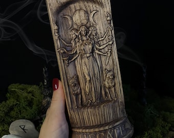 Hekate Göttinnenstatue aus Holz - griechische heidnische Figur | Hexerei Altar Dekor | Handgemachtes Mythologie Geschenk