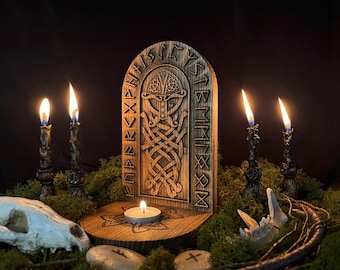 Altar de madera de Odín hecho a mano – Portavelas pagano nórdico