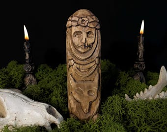 Hand Carved Hel Wooden Statue – Norse Goddess of Death & Underworld