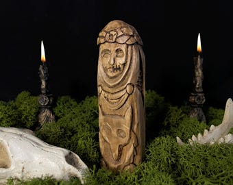 Hand-Carved Hel Wooden Statue – Norse Goddess Altar Decor