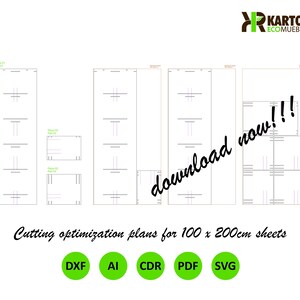 K&ouml;nnte beinhalten: Wei&szlig;e Zuschnittoptimierungspl&auml;ne f&uuml;r 100 x 200 cm gro&szlig;e Platten, mit dem Text "download now!!!". Das Bild enth&auml;lt das Logo von Karton Ecomuebles und Symbole f&uuml;r die Dateiformate DXF, AI, CDR, PDF und SVG.