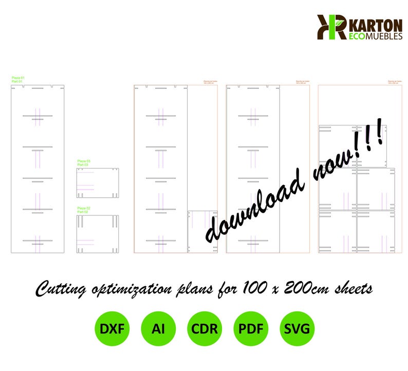 K&ouml;nnte beinhalten: Wei&szlig;e Zuschnittoptimierungspl&auml;ne f&uuml;r 100 x 200 cm gro&szlig;e Platten, mit dem Text "download now!!!". Das Bild enth&auml;lt das Logo von Karton Ecomuebles und Symbole f&uuml;r die Dateiformate DXF, AI, CDR, PDF und SVG.
