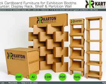 Digital Plans Pack – Möbel aus Pappe für Messen & Ausstellungen: Theke / Trennwand / Ausstellungsständer / Regal – umweltfreundlich, lasergeschnitten