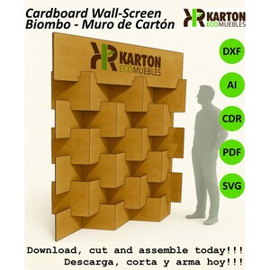 Puede incluir: Un biombo de pared de cartón marrón con un diseño geométrico. La pantalla tiene el texto "Cardboard Wall-Screen Biombo - Muro de Cartón" y el logotipo de Karton Ecomuebles. La imagen también incluye el texto "Download, cut and assemble today!!!".