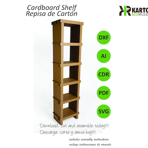 Puede incluir: Estantería alta de cartón marrón con cinco estantes abiertos. El texto "Cardboard Shelf Repisa de Cartón" está en la parte superior. La imagen también incluye el texto "Download, cut and assemble today!!!" e iconos de tipo de archivo.