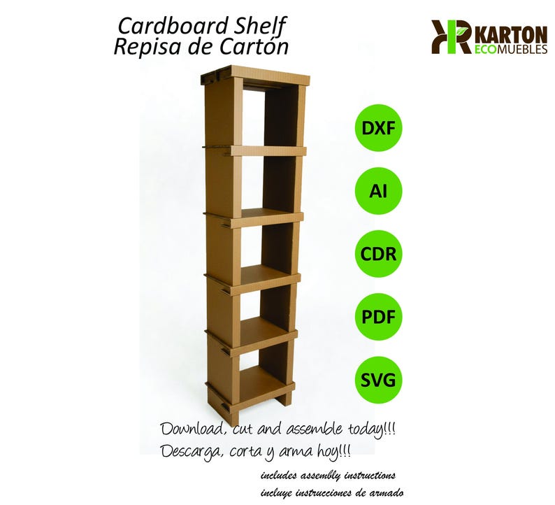 K&ouml;nnte beinhalten: Hohes Regal aus braunem Karton mit f&uuml;nf offenen F&auml;chern. Der Text "Cardboard Shelf Repisa de Cart&oacute;n" ist oben zu sehen. Das Bild enth&auml;lt auch den Text "Download, cut and assemble today!!!" und Dateityp-Symbole.