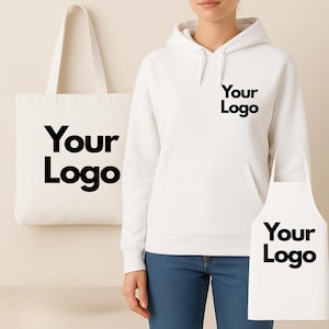 May include: A white tote bag, hoodie, and apron with the text "Your Logo" in black. The hoodie has a front pocket and a hood. The apron is a standard bib style. The tote bag has long handles.