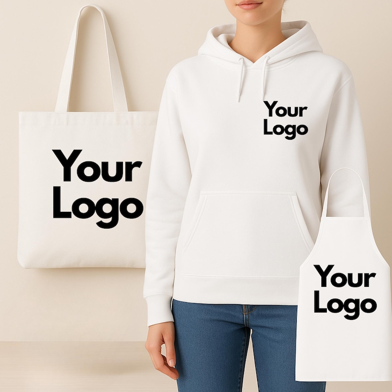 May include: A white tote bag, hoodie, and apron with the text "Your Logo" in black. The hoodie has a front pocket and a hood. The apron is a standard bib style. The tote bag has long handles.