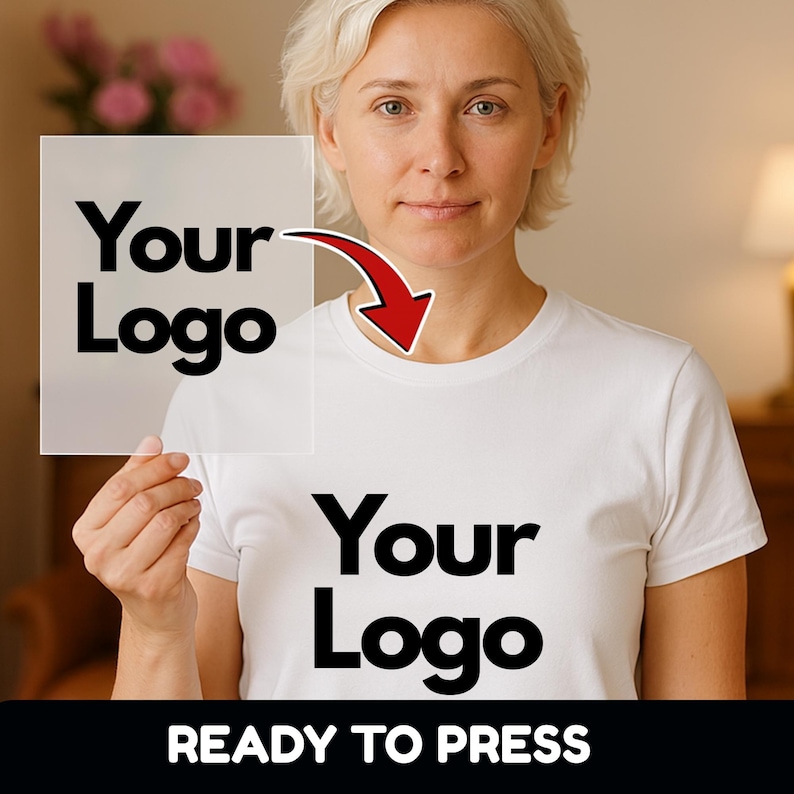 May include: White t-shirt with the text "Your Logo" printed in black. A transparent square with the same text is held up to the shirt, connected by a red arrow. The words "READY TO PRESS" are printed in white on a black background.