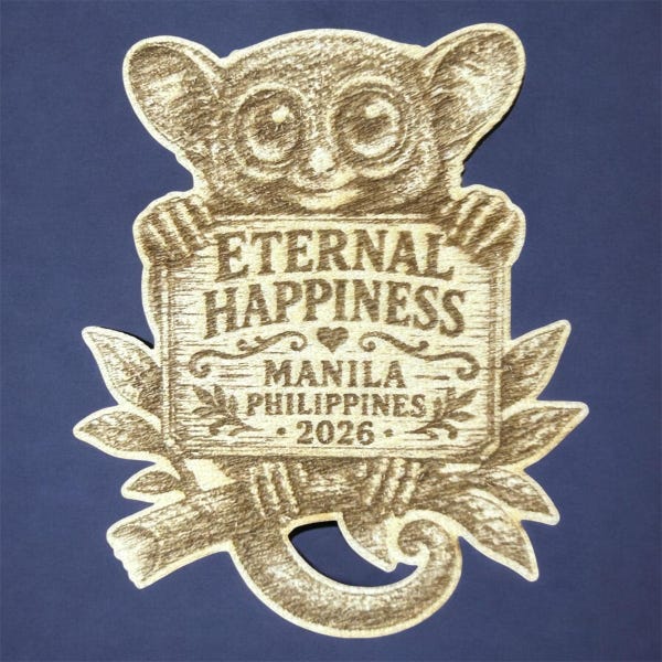 May include: A light brown wooden cutout featuring a tarsier with large eyes holding a rectangular sign. The sign is engraved with the text ETERNAL HAPPINESS, MANILA PHILIPPINES, and 2026, accompanied by a small heart and leaf illustrations.