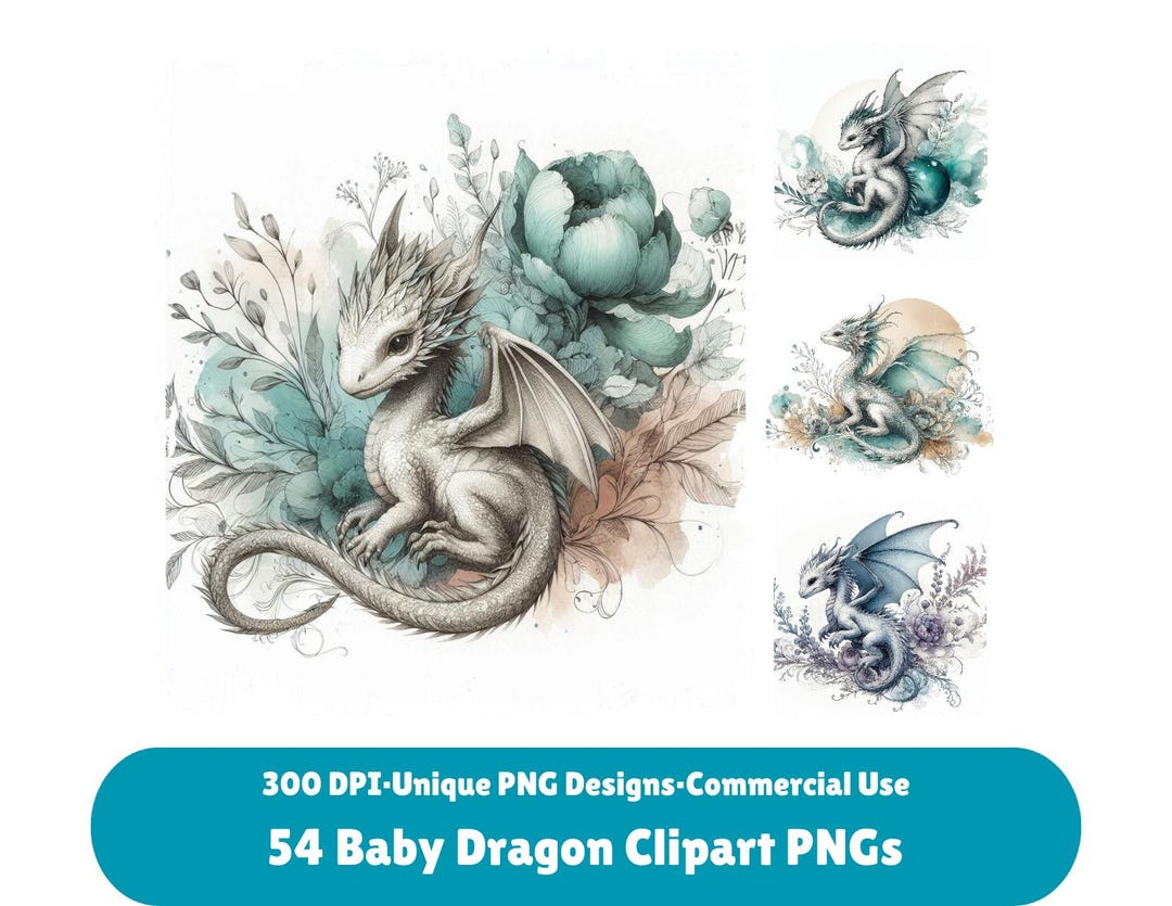 Baby Dragon Digital Watercolor Clipart Bundle, Fantasy Nursery PNG Clip ...