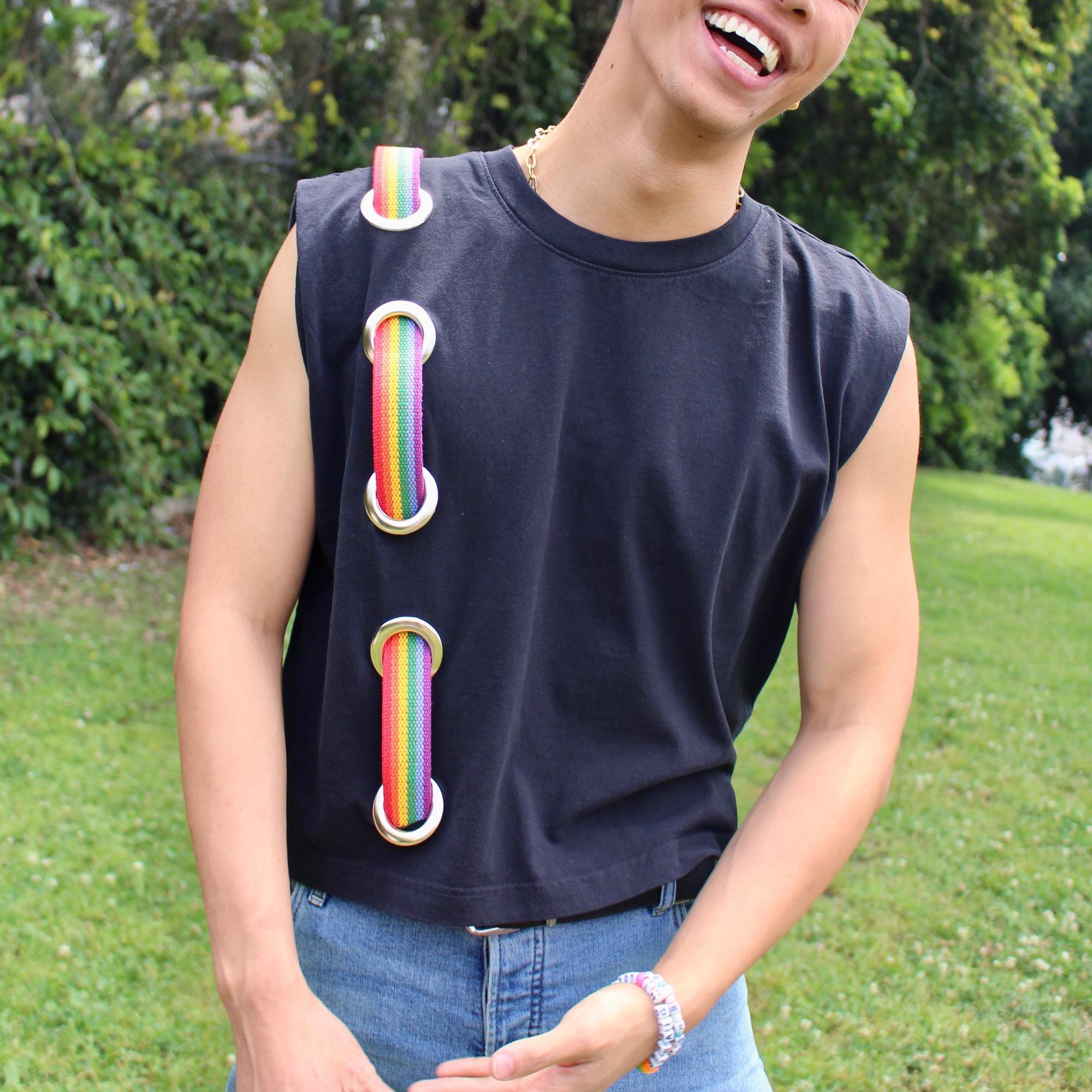 Pride Tank Top, Rainbow Strap & Grommets, Festival Clubwear, Haus