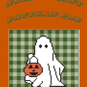 Trick or Treating Ghost with Gingham Background - downloadable pdf of needlepoint pattern