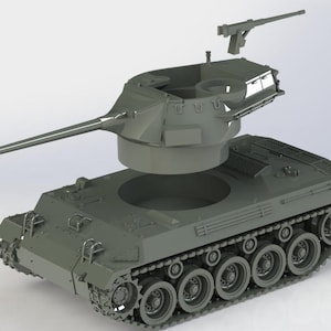 May include: A gray model tank with a long barrel and a separate turret. The tank has detailed tracks and wheels, and a small gun is positioned above the turret. The design is a 3D rendering.