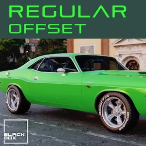 May include: A bright green classic Dodge Challenger car with chrome rims and black tires. The text "REGULAR OFFSET" is displayed in green at the top of the image, and the Black Box logo is in the bottom left corner.