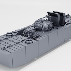 May include: A gray model of a military tank with a turret, gun, and machine gun. The tank has a rectangular body with several hatches and life preservers. The model is detailed and appears to be made of plastic.