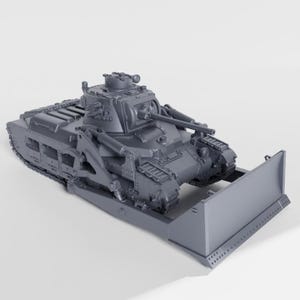 May include: A gray model of a tank with a bulldozer blade attached to the front. The tank has a turret with a gun and tracks. The model is detailed and appears to be made of plastic.