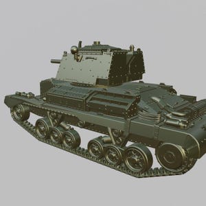 May include: A detailed olive-green model tank with visible tracks, wheels, and a turret. The tank has a complex design with rivets and various mechanical components. The model is set against a plain background, highlighting its intricate details.