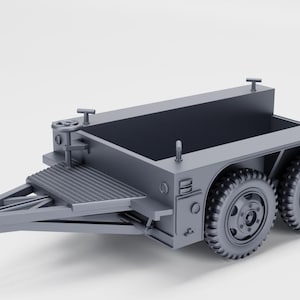May include: A gray utility trailer with a rectangular cargo bed, a ramp, and two large tires. The trailer has a hitch and a hand crank. The tires have a deep tread pattern.